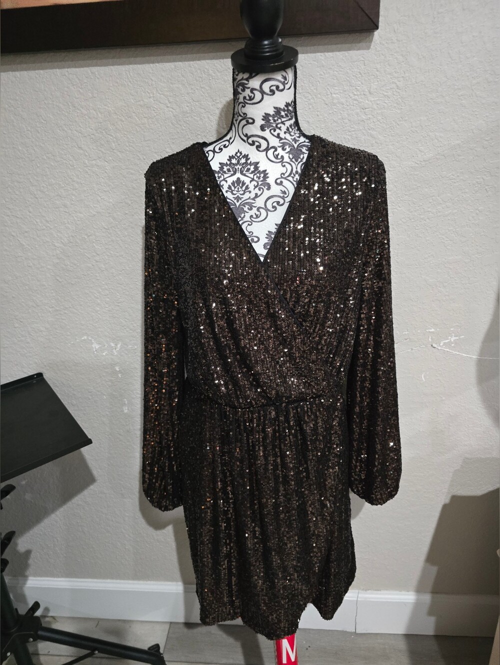 Bronze Sequin Wrap Long Sleeve Dress